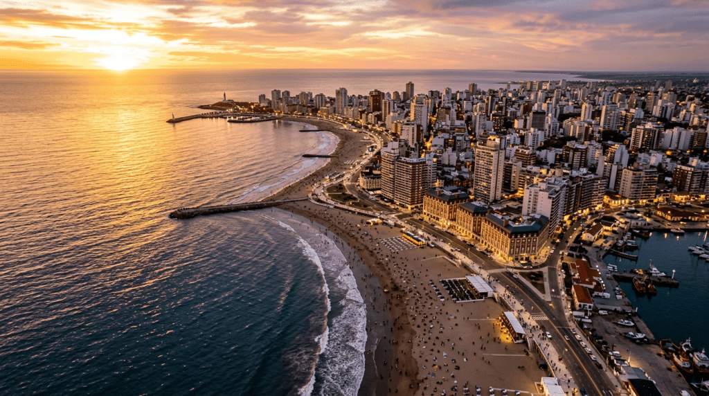 Aerial sunset view of a crowded beach, coastal skyline, and harbor